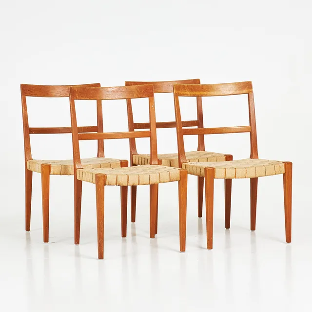 BRUNO MATHSSON. Stolar, 4 st, "Mimat", ek, sits i sadelgjord, brännmärkta.