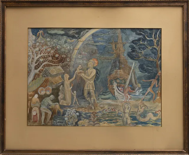 BERTIL DAMM. Blandteknik på papper, Havsvärld monogramsignerad 1927.