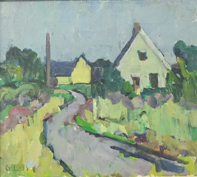 GERHARD LARSSON. OLJA PÅ DUK, LANDSKAP MED HUS.