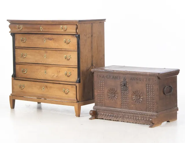 Chest of drawers and Baroque oak chest, 18th/19th century (2)