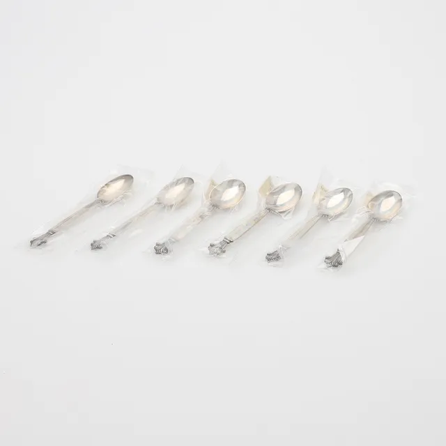 JOHAN ROHDE. KAFFESKEDAR, SEX STYCKEN, "DRONNING/ACANTHUS", FÖR GEORG JENSEN, DANMARK.