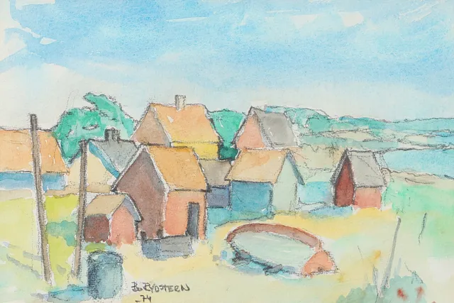 BO RYDSTERN. Sjöbodar, akvarell, signerad -74.
