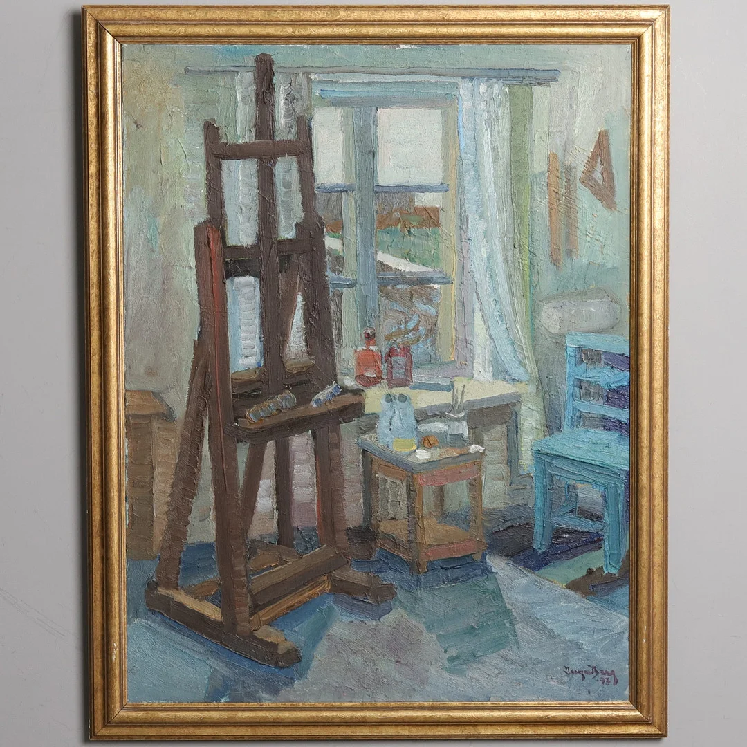 INGA BERG. OLJA PÅ DUK, "Ateljé, interiör", signerad & daterad -73. — Paintings — Örebro Stadsauktioner
