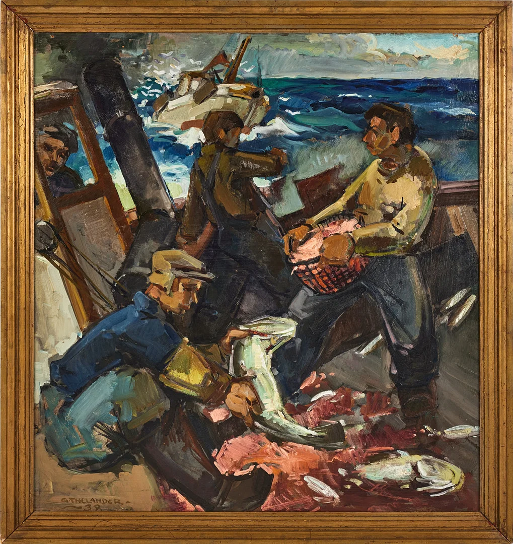 GUNNAR THELANDER 1916-1992). Fiskare till havs, olja på pannå, signerad och daterad 39. — Paintings — Stockholms Auktionsverk Magasin 5