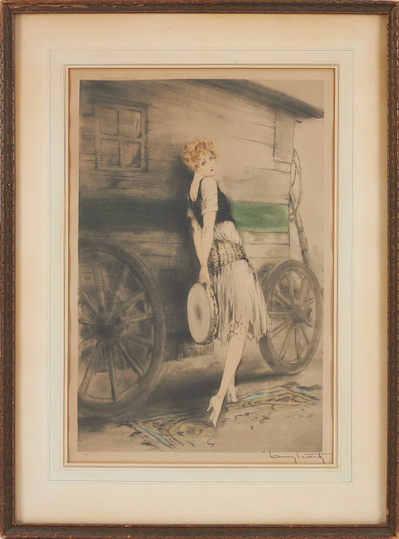LOUIS ICART (1888-1950): Kvinna vid vagn, färgetsning, signerad samt numrerad 27. — Engravings & Prints — Stockholms Auktionsverk Sickla