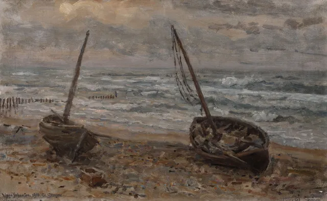 VIGGO JOHANSEN. Båtar på strand i Gl. Skagen. Olja på duk. Utförd 1910.