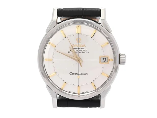OMEGA, Constellation Calendar (Swiss Made T), Chronometer, s.k. "Pie-Pan", Cal 561, Serie nr. 23050787, Ref nr. ST 168.005, Boett nr. 168.005 (SGR), herrur, 34 mm, stål, automatisk, plexiglas, datum, skadad urtavla, utbytta visare (Luminova), läderband, ca 1966.