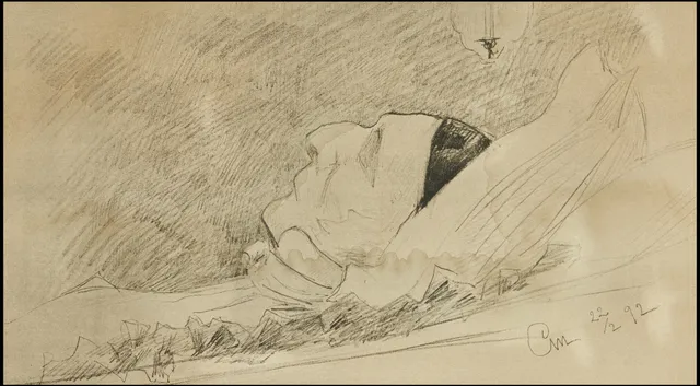 GUSTAF CEDERSTRÖM (1845-1933), På dödsbädden, monogramsignerad och daterad ’Cm 22/2 92’(1892), blyerts.