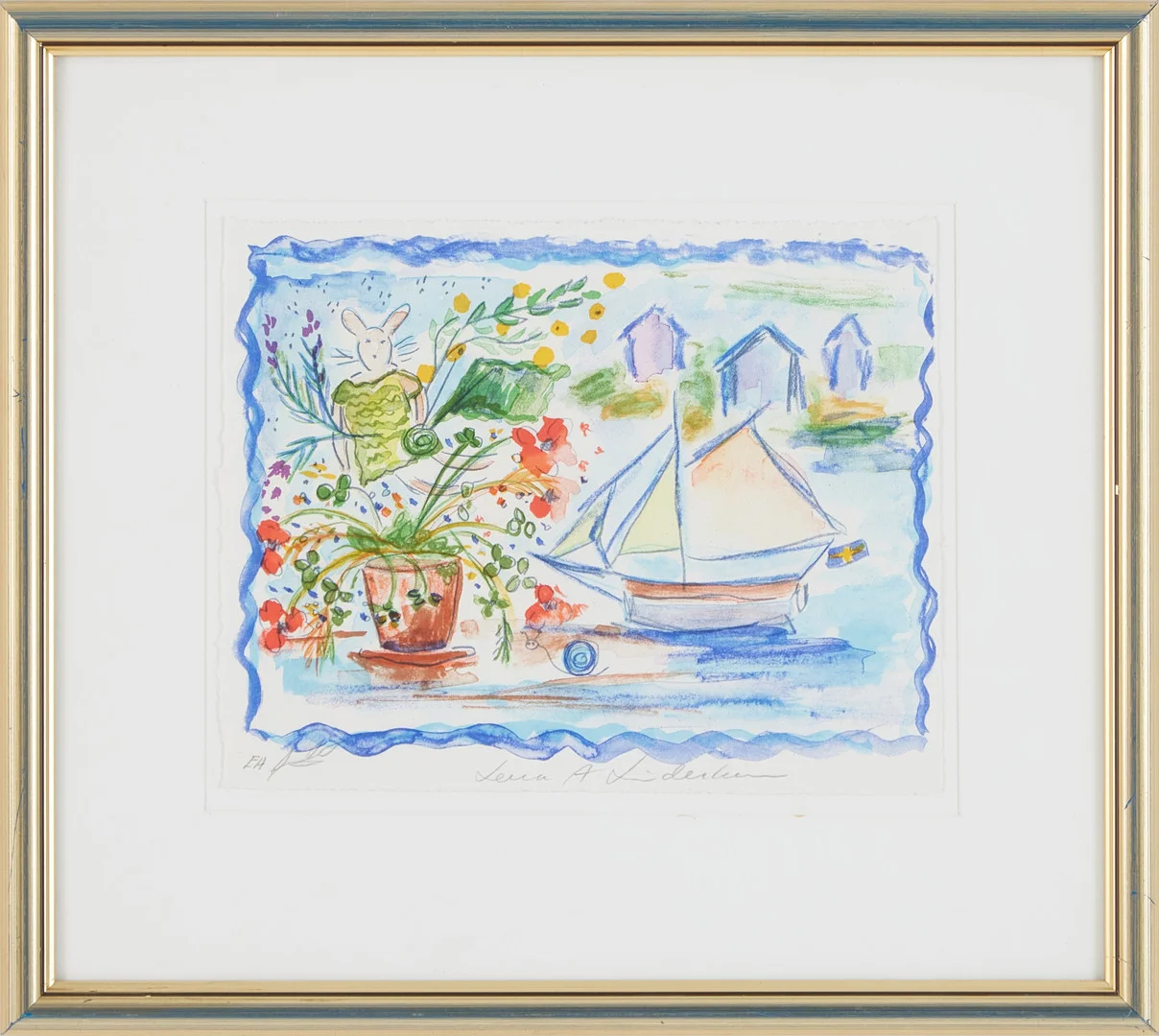 LENA LINDERHOLM. Komposition med segelbåt och blomster, färglitografi. — Engravings & Prints — Stockholms Auktionsverk Magasin 5
