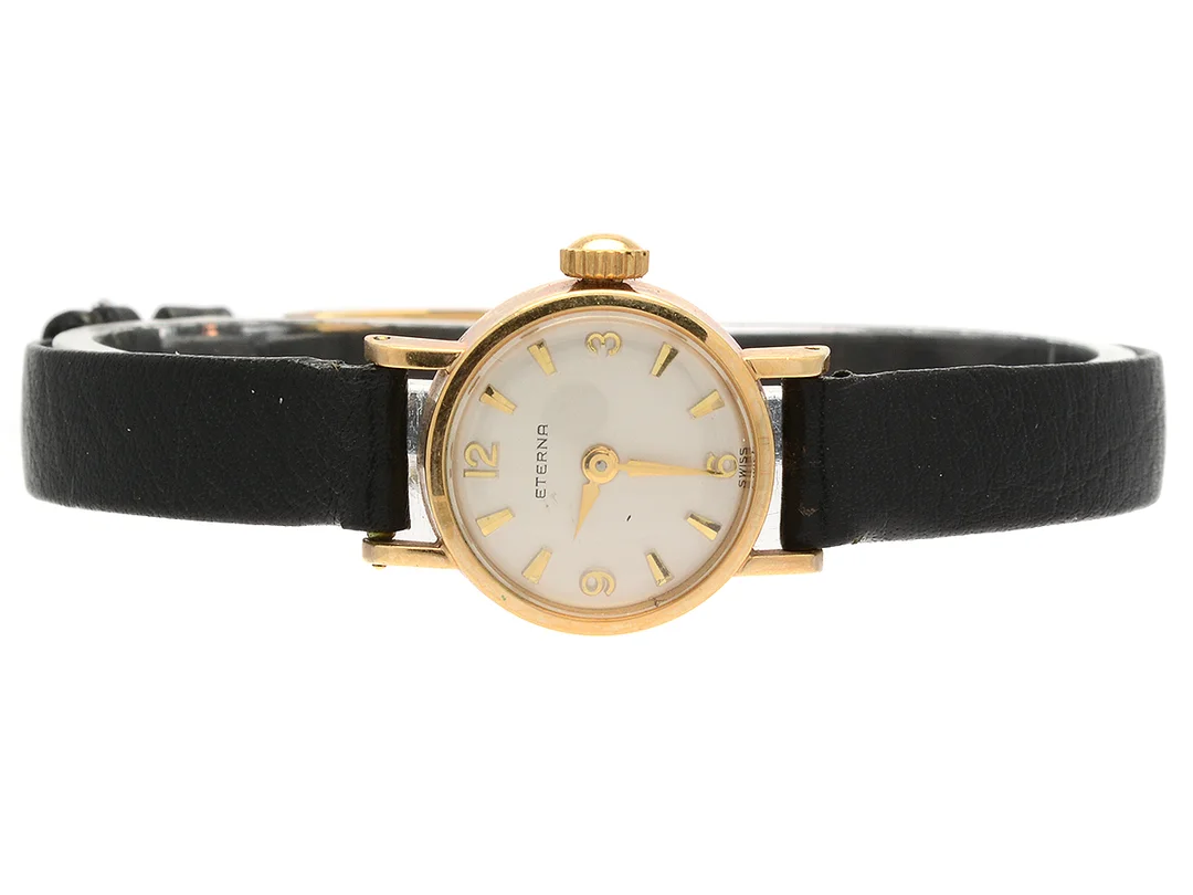 ETERNA, damur, 18 mm, Boett nr. 4314440, doublé (80 micron), manuell, plexiglas, skadad urtavla, läderband, ca 1960. — Klockor/Eterna — Kaplans