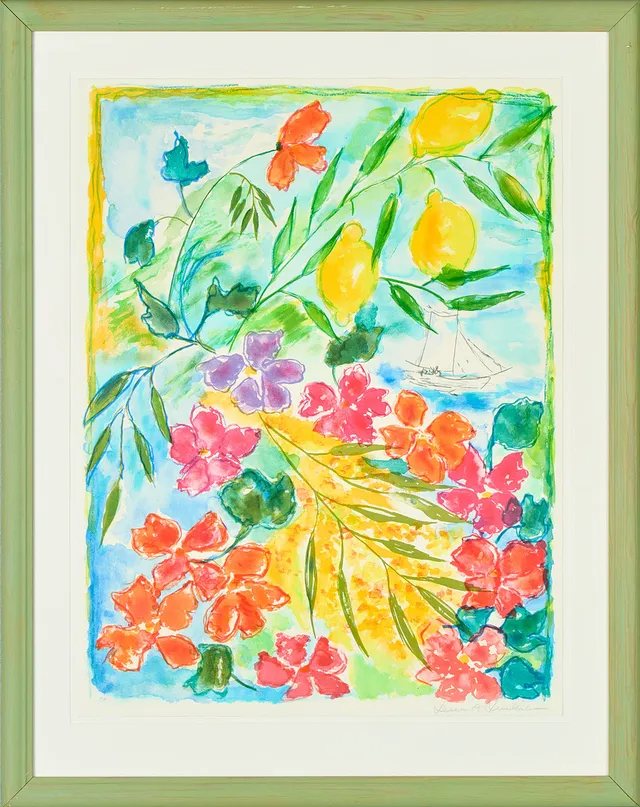LENA LINDERHOLM. Sommarblomster med segelbåt.