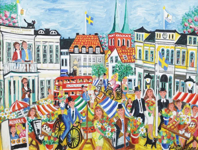 GUNILLA MANN. "Växjö, mina drömmars stad", olja på duk, signerad.