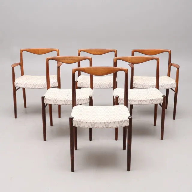 KAI LYNGFELDT LARSEN. STOLAR, 4+2, JAKARANDA, SØREN WILLARDSEN MØBELFABRIK, DANMARK, 1960-TAL.
