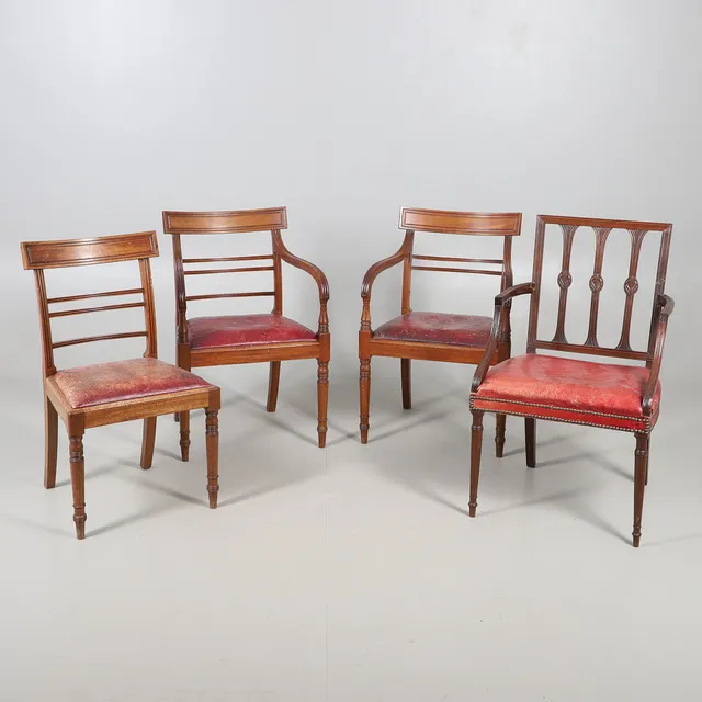 FOUR VARIOUS REGENCY STYLE DINING CHAIRS.