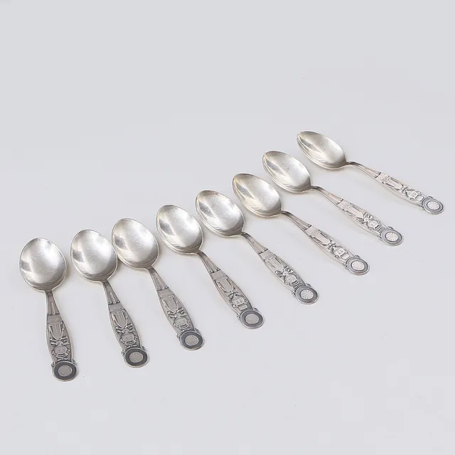 SKEDAR 8 st, nysilver, kattmotiv, Gense, 1900-tal.