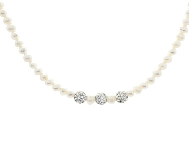 PÄRLCOLLIER, lås i silver, odlade sötvattenspärlor, strass, längd 45,5 - 49,5 cm, vikt ca 13,7 g.