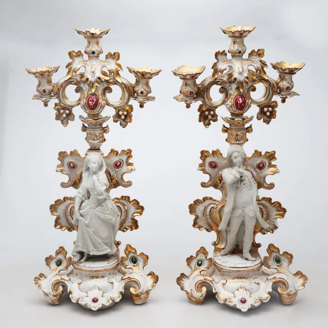 Pair of porcelain candelabra, probably Saxon, second third of the 19th Century.