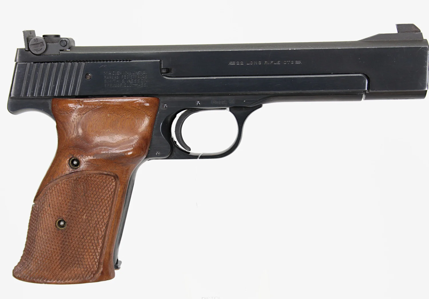 14. PISTOL, amerikansk, Halvautomatisk, fabrikat Smith & Wesson, modell 41, kaliber .22LR, tillv.nr A598797, se-nr SE0163630. — Pistols — Walter Borg