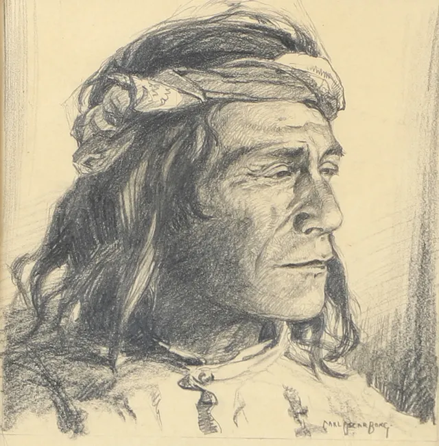 CARL OSCAR BORG. Indianporträtt, teckning, signerad.