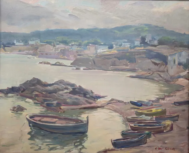 LUIS MARRIA GÜELL CORTINA. CALELLA DE PALAFRUGELL, ÓLEO SOBRE LIENZO.