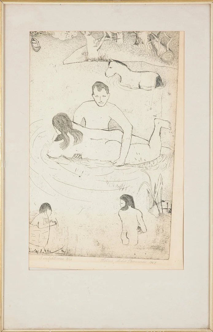 THELMA AULIO PAANANEN (FINLAND/SVERIGE, FÖDD 1931). "Simlektionen", signerad, daterad 1967 samt numrerad 3/10. — Engravings & Prints — Stockholms Auktionsverk Sickla
