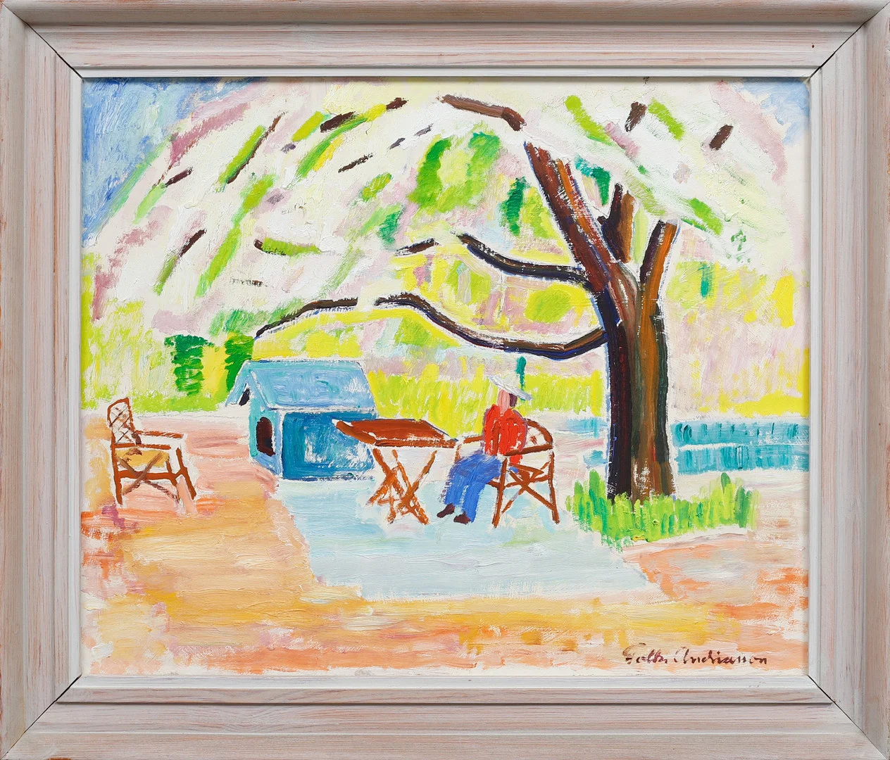FOLKE ANDRÉASSON. Olja på pannå, trädgårdsscen, signerad. — Paintings — Göteborgs Auktionsverk