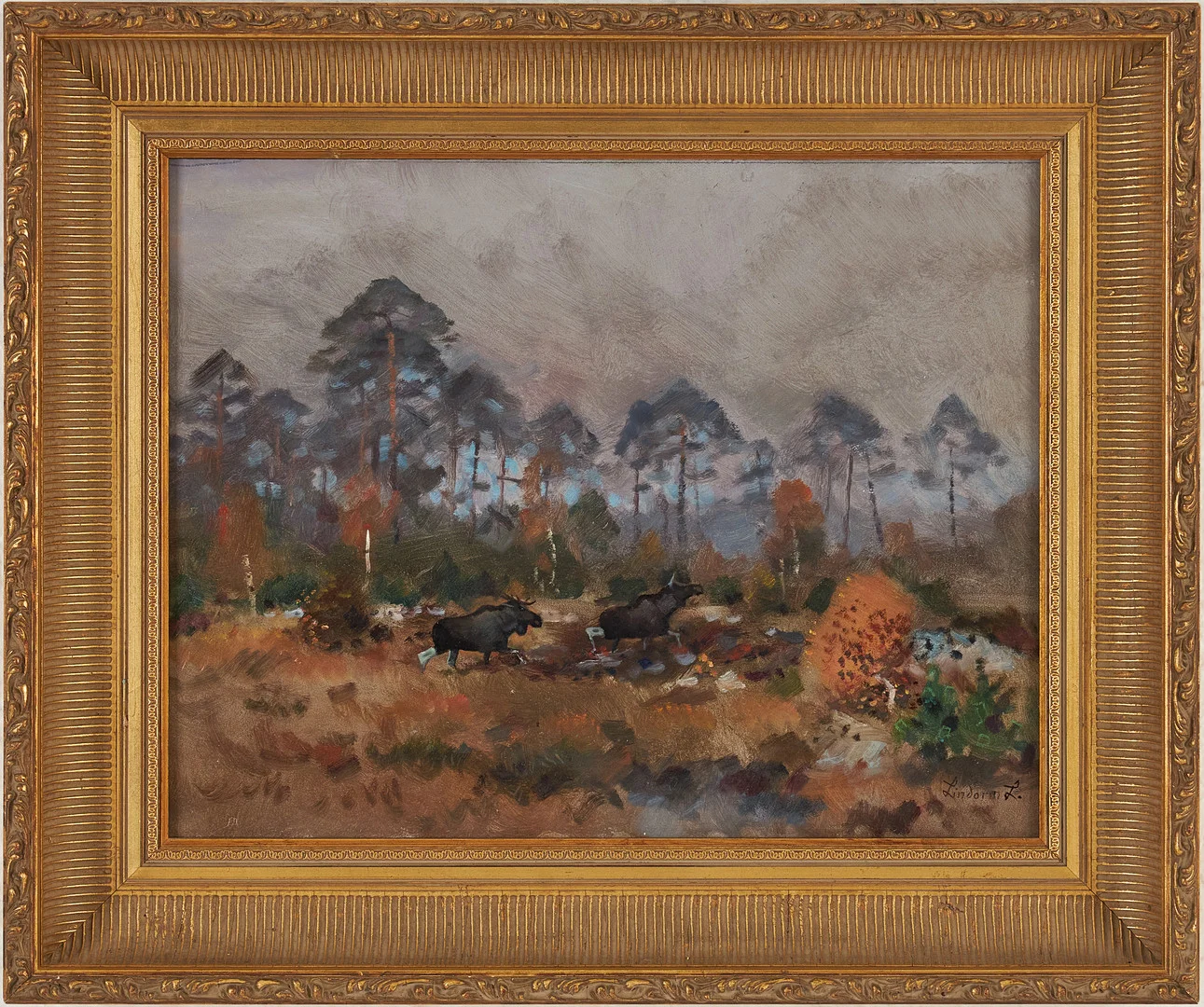 LINDORM LILJEFORS. Älgpar i höstlandskap, oljemålning på pannå, signerad Lindorm L. — Paintings — Stockholms Auktionsverk Magasin 5