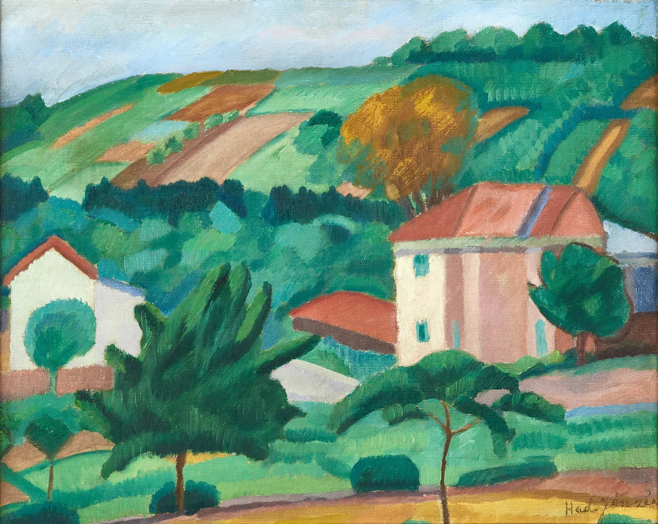 HADAR JÖNZÉN (1885-1977), Sydändskt landskap med hus, signerad Had.Jönzén, olja, duk på papp-pannå. — Paintings — Crafoord Auktioner Stockholm