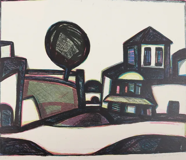 MAX GREGOR CARLSSON (1914-1996). Landskap med hus, färglitografi nr 181/200.