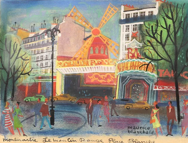 MAURICE BLANCHARD. Parisinteriör med figurer och bilar vid Moulin Rouge, betecknad "Montmartre Le Moulin Rouge Place Blanche", gouache, signerad.