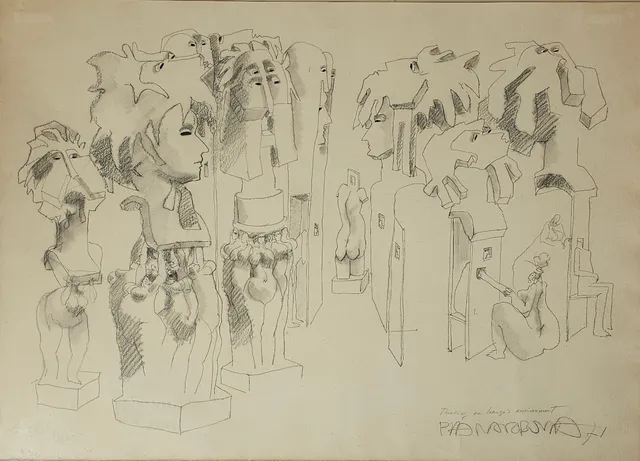 JOSEP PLA-NARBONA. "THINKING ON IRANZO´S ENVIRONMENT". DIBUJO A LÁPIZ. FIRMADO Y FECHADO POR EL ARTISTA, 1971.