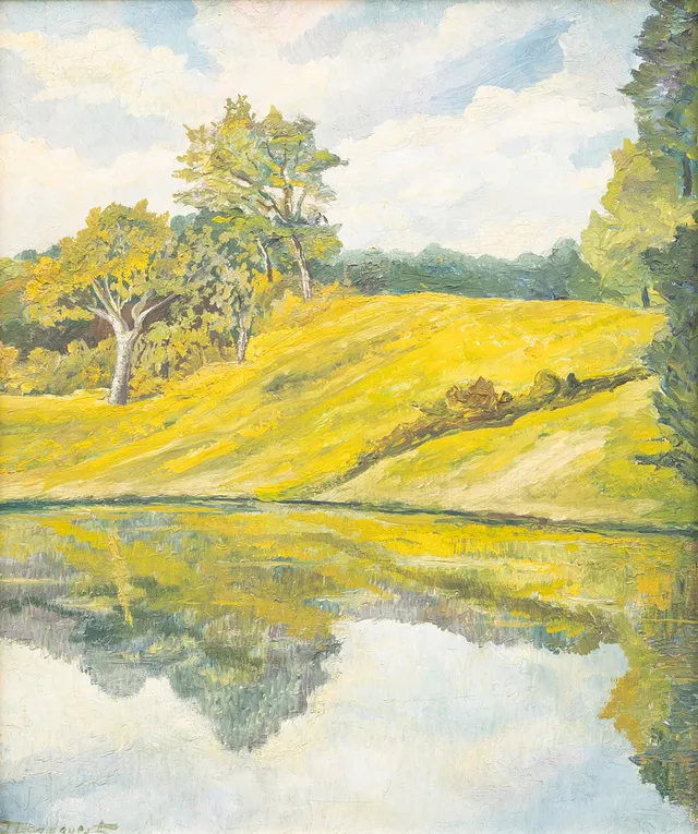 HANS ROSENQUIST (1913-2012). Landskap med insjö, olja på pannå, signerad.