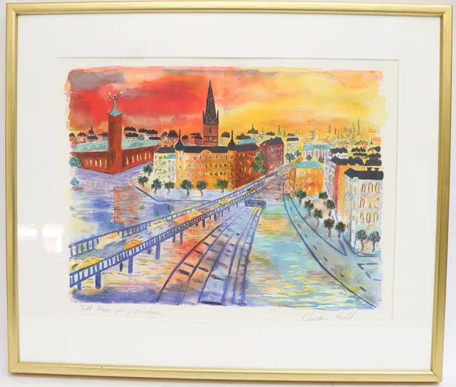 CHRISTINA KNALL. Motiv från Stockholm, färglitografi, signerad och numrerad, med dedikation.