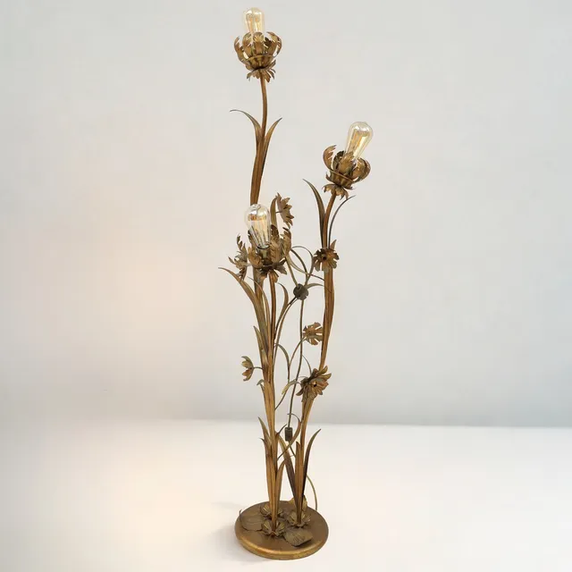 HANS KÖGL. Golvlampa, Hollywood Regency, bronserad metall, Tre ljuspunkter. Föreställande blommor, 1970-tal.