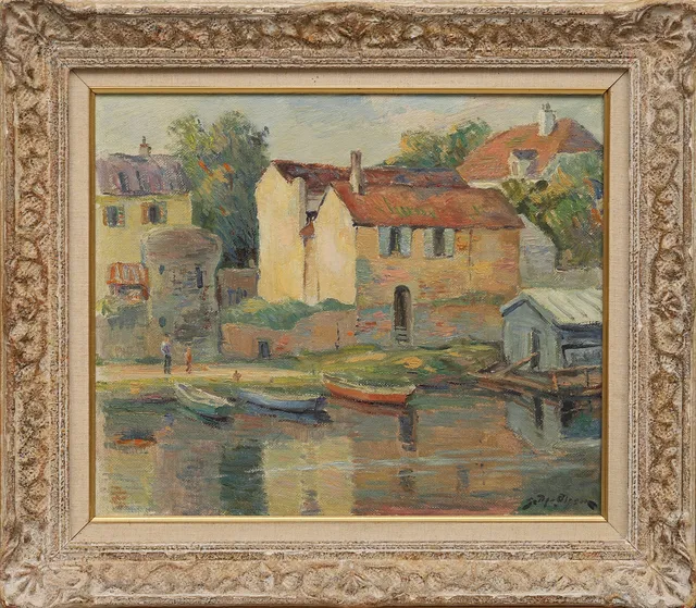 GOTTFRID OLSSON. Sydländsk by med båtar och figurer, olja på pannå, signerad.