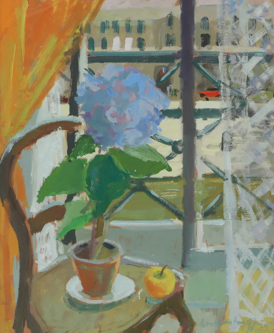 EVA HOLMBERG JACOBSSON. Utsikt genom fönster, blandteknik, signerad. — Paintings — Helsingborgs Auktionskammare
