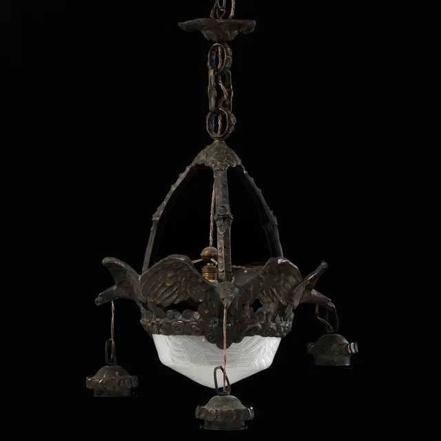 ARVID BÖHLMARKS LAMPFABRIK. Takarmatur, Stockholm 1910/20-tal, jugend, modell 5676, patinerad mässing och glas.