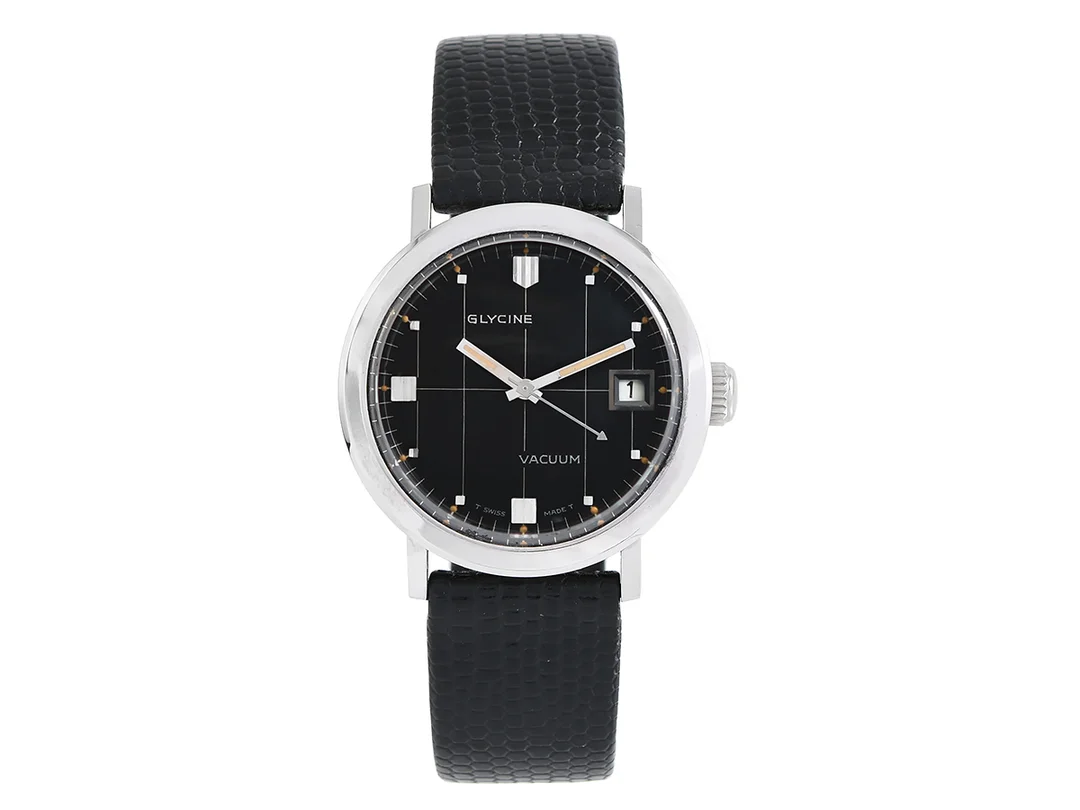 GLYCINE, Vacuum (T Swiss Made T), Boett nr. 57311, herrur, 35 mm, stål, automatisk, mineralglas, datum, läderband, ca 1965, box. — Klockor/Glycine — Kaplans
