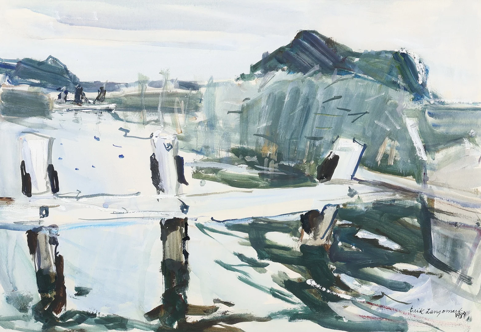 ERIK LANGEMARK. Akvarell, blandteknik på papper, signerad, 1984. — Paintings — Gomér & Andersson Jönköping