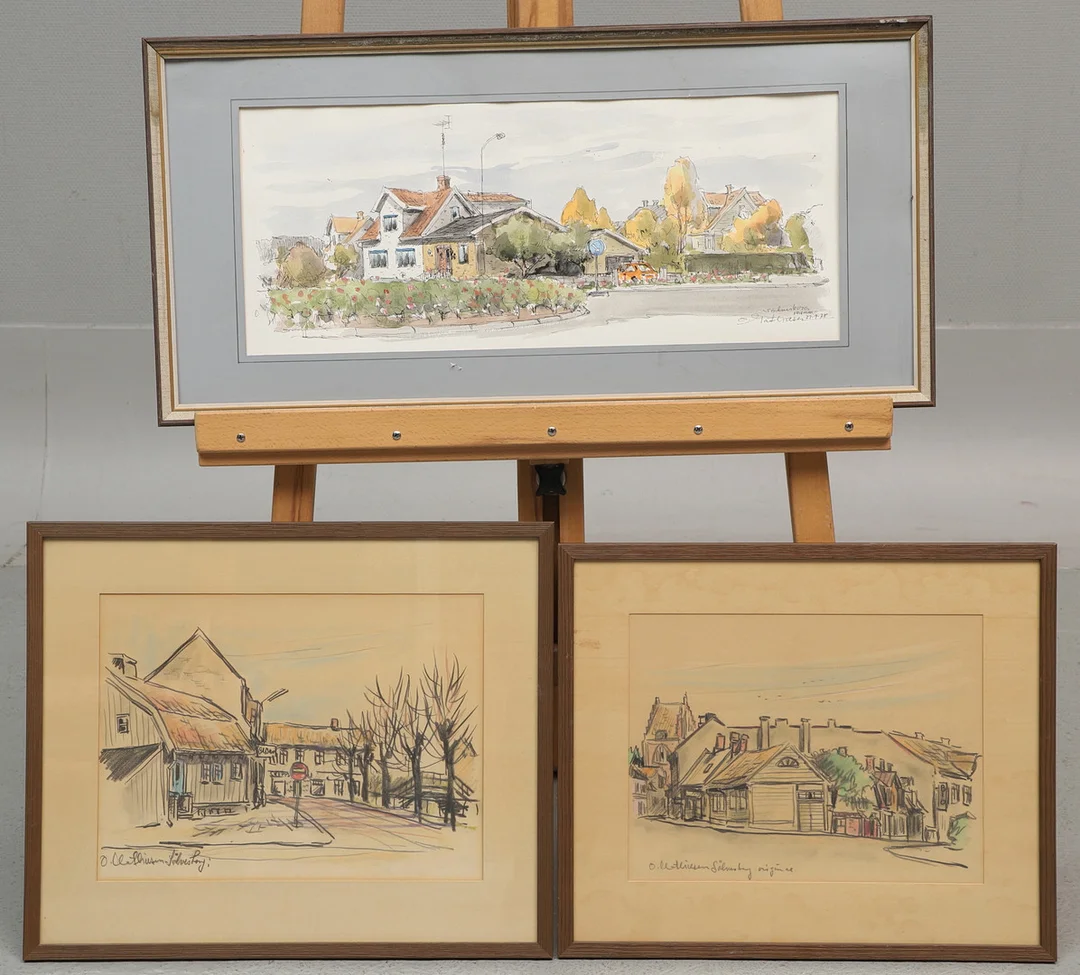 OVE MATHIESEN. Teckningar, 3 st, Sölvesborgsmotiv, signerade. — Drawings — Ekenbergs Auktioner