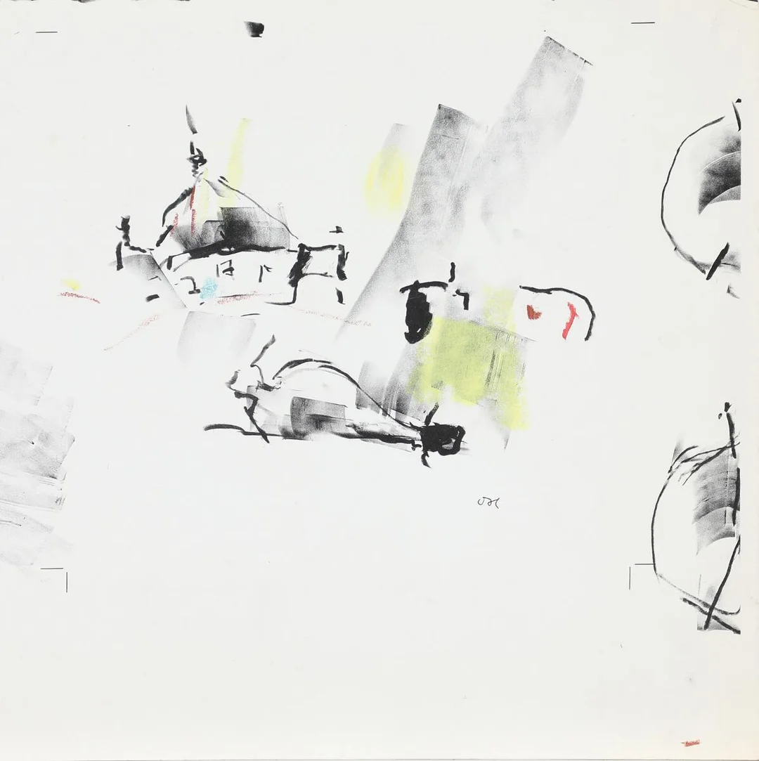 Composition with round church. Signed OH. Handcoloured lithograph. Sheet size 31×31 cm. Unframed. — Modern Prints/Classical modernism — Bruun Rasmussen