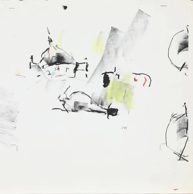 Composition with round church. Signed OH. Handcoloured lithograph. Sheet size 31×31 cm. Unframed.