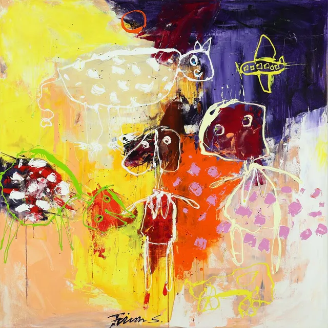 “Eventyr for begyndere”, 2008. Signed on the reverse. Acrylic on canvas. 110×110 cm. Unframed.
