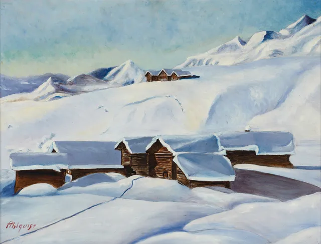 OIDENTIFIERAD KONSTNÄR. Snötäckt fjällandskap, signerad Philquist, olja på pannå.