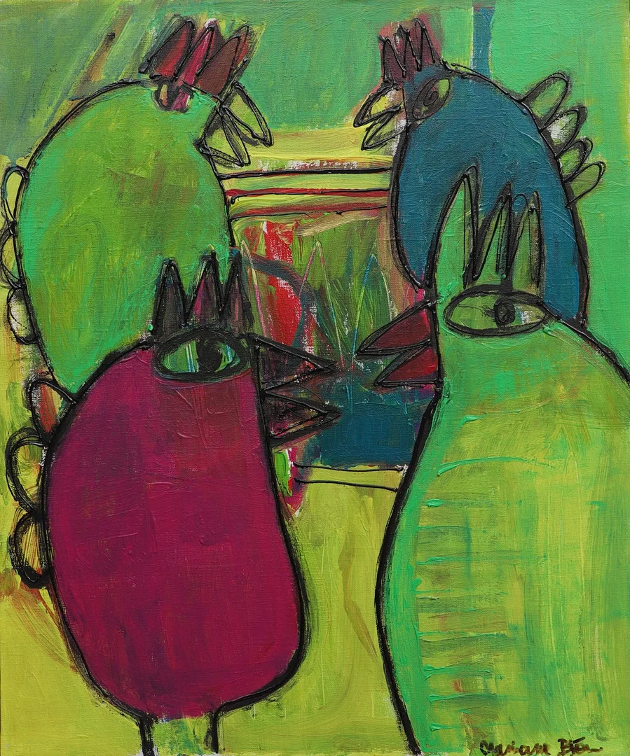 MARIANNE BJÖRN. Akryl på duk, komposition med fåglar, signerad. — Paintings — Ekenbergs Auktioner