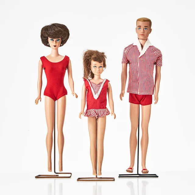 BARBIE, #850 SL Brunette Bubble Cut, KEN, #750 SL Blonde Molded Hair, SKIPPER, #0950 SL Brunette, Outfits, Accessories, 1960s, Mattel.