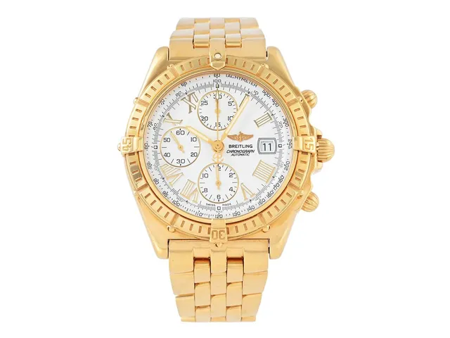 BREITLING, Crosswind, "Tachymetre", Cal 13 (ETA 7750), Verk nr. 6120, Serie nr. 0218, Ref nr. K13055, kronograf (nollställer ej), herrur, 42,7 mm, 18K guld, automatisk, safirglas, datum, Pilotlänk, viklås, totalvikt 258,7 gram, cert (ej komplett), ca 1997, box.