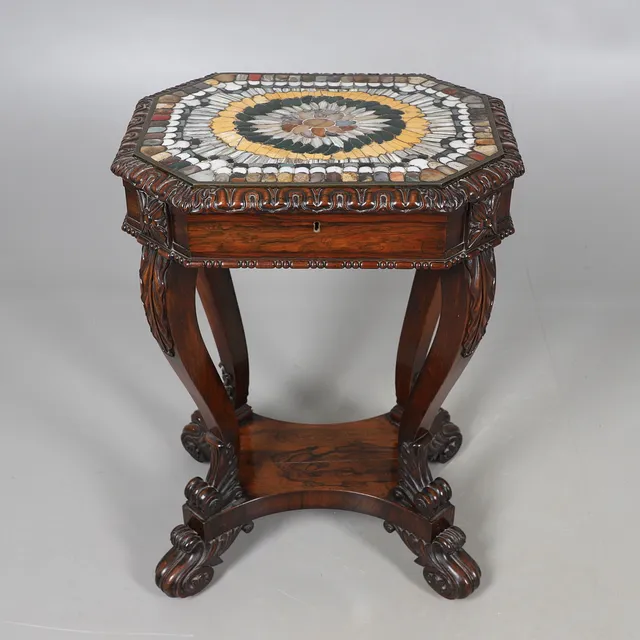 A LATE REGENCY ROSEWOOD AND SPECIMEN HARDSTONE TABLE.