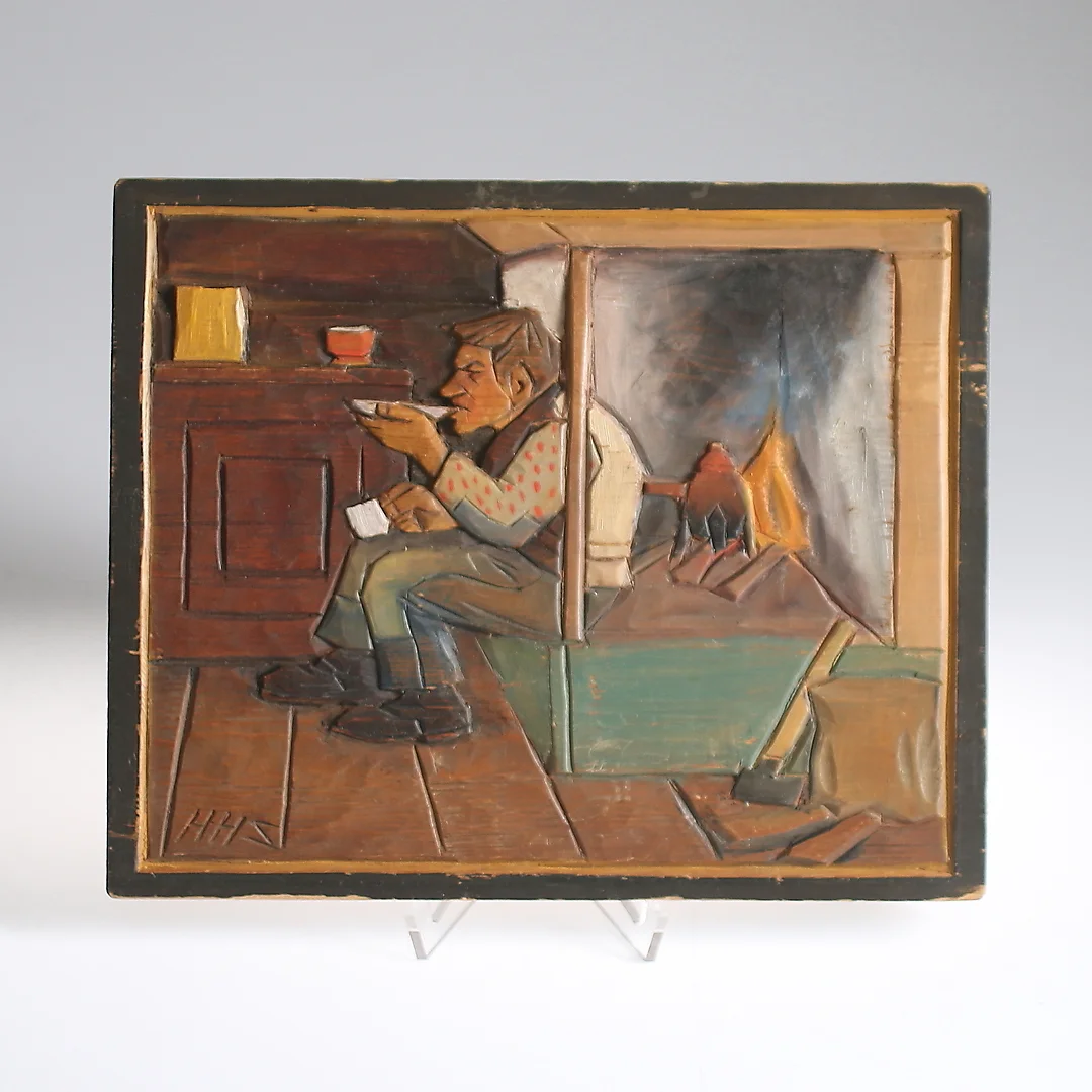 HAMPE SVANBERG. Relief, "Enslingens aftonkaffe", monogramsignerad, 1900-talets första hälft. — Other — Stadsauktion Sundsvall