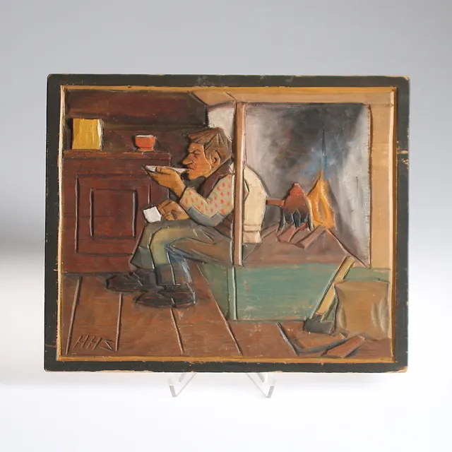 HAMPE SVANBERG. Relief, "Enslingens aftonkaffe", monogramsignerad, 1900-talets första hälft.